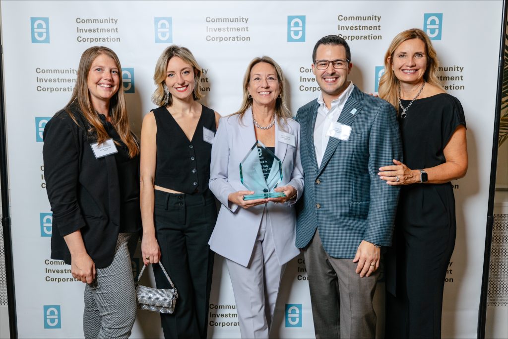 In the photo from left to right is: Kathy Pancione, B&E Executive Director Sydney Pugliares, B&E Business Development Director April Lukasik, B&E President & Founder Louis Silva, CIC President Annette Larabee, Webster Bank Senior Vice President & Senior Relationship Manager